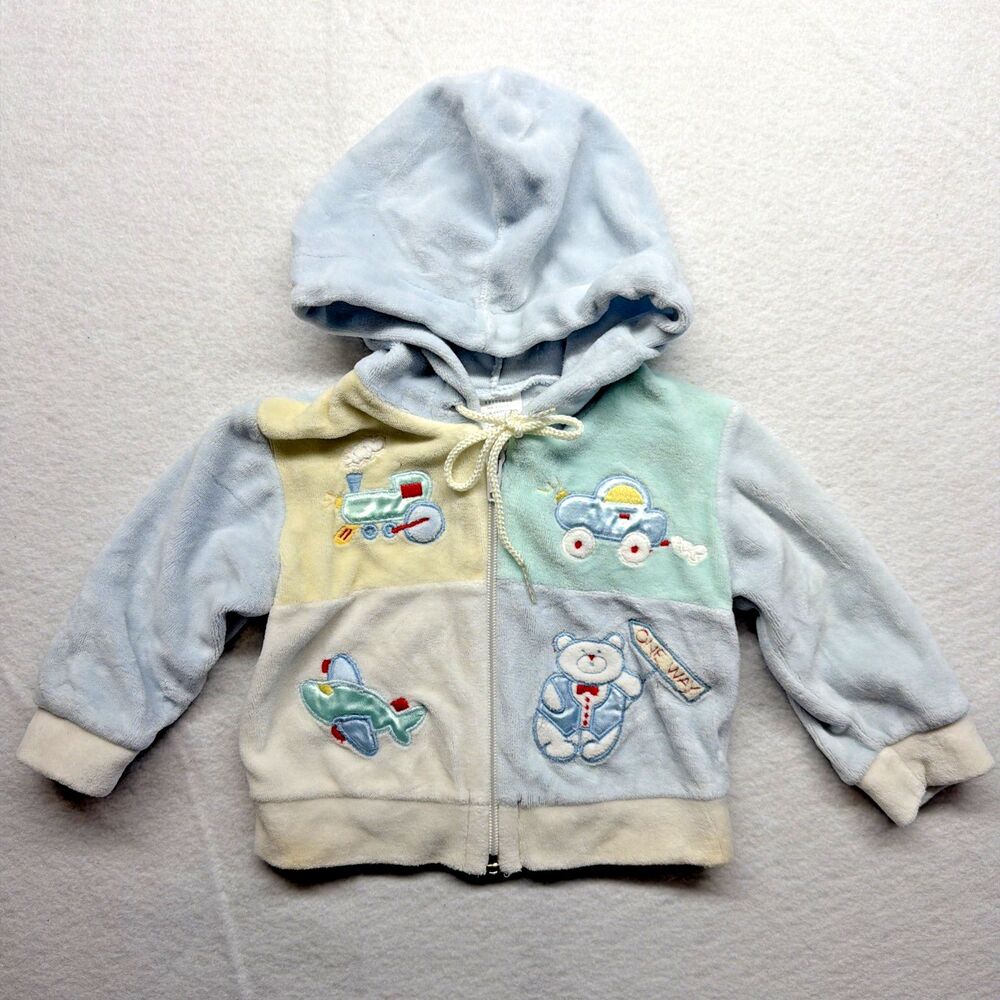 Vintage 80s Fleece Zip Hoodie Embroidered Train Car Plane Bear 3-6 M